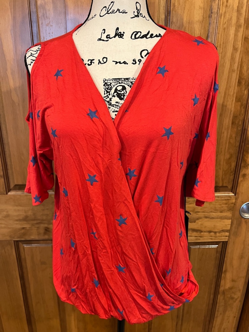 Dear John Red Wrap-Style Top with Blue Stars